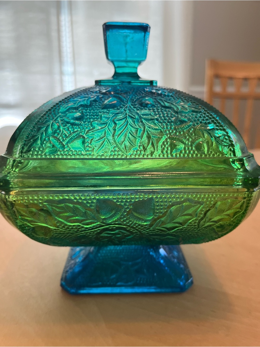 Vintage Jeanette Glass Embossed Glass Covered Pedestal Dish in Blue Green Ombre - Picture 2 of 15